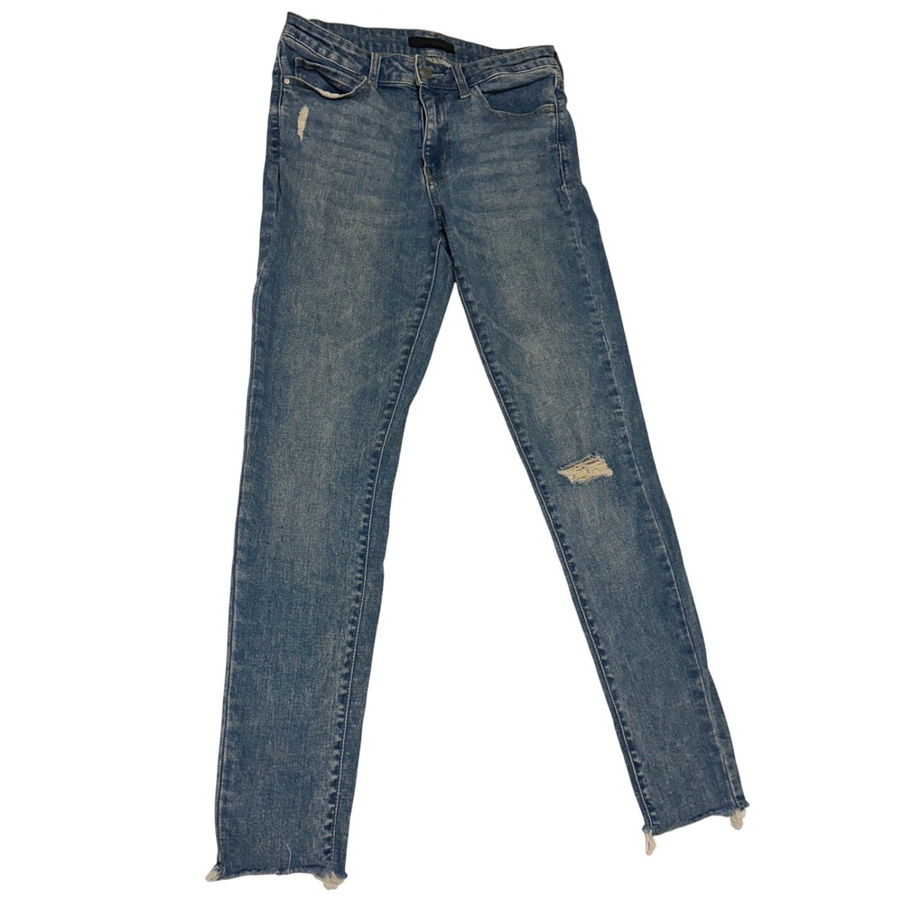 Uniqlo Skinny Jeans Womens 27 Distressed Ripped Knee Raw Hem Blue Denim 425501